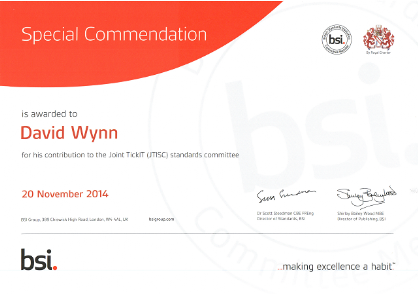Copy of Dave Wynn's Special Commendation from the BSI for contributions to JTISC